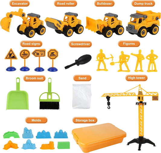 Sand Construction Kit,Sandbox,2.2lbs Magic Sand W/4 Take Apart Construction Trucks,Tower Crane,8 Sand Molds,4 Worker Figures,4 Road Signs,Toys for Boys Girls Age 4-8 Yellow,Brown