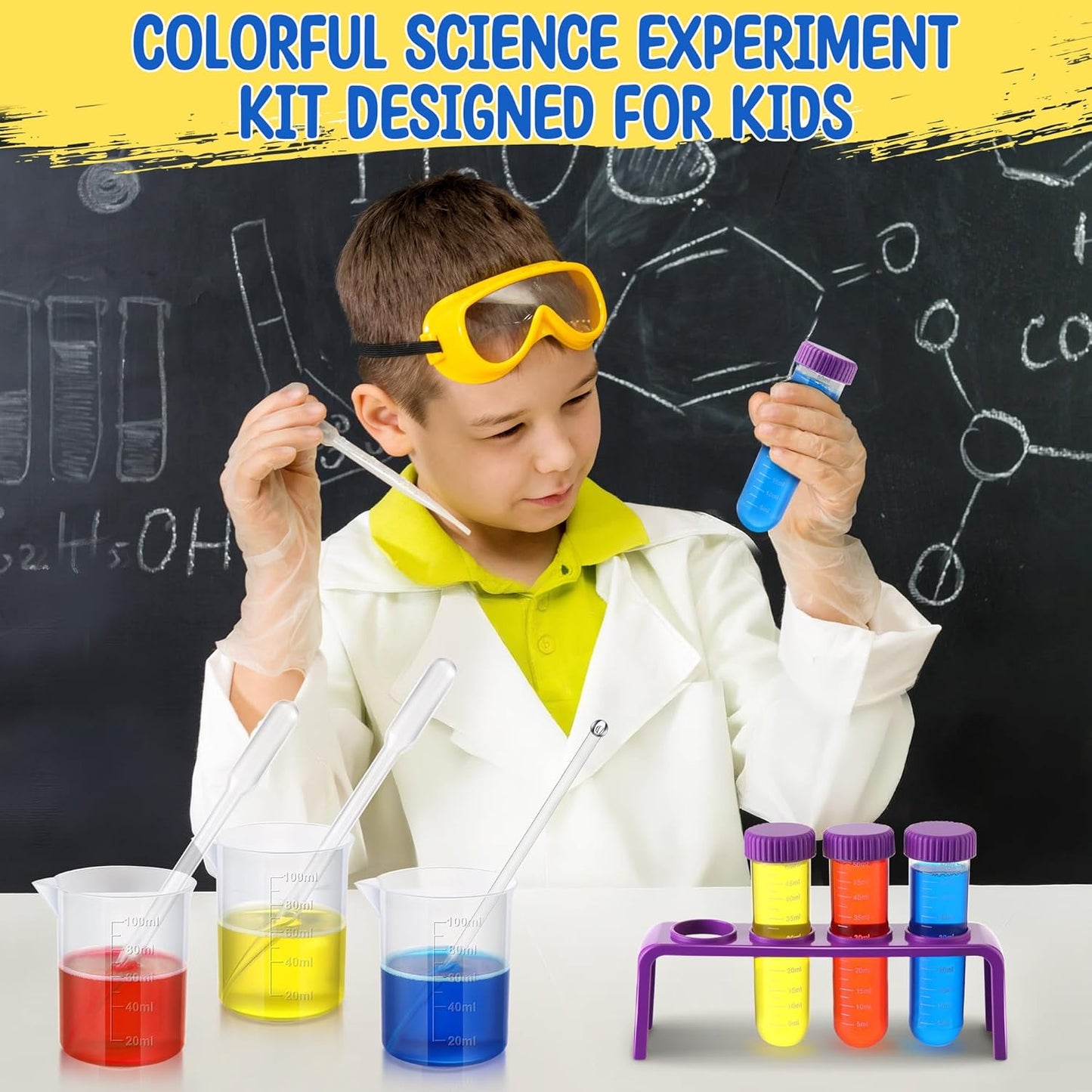 Colorful Science Experiment Kit for Kids, 120 Color Fizzers(Red, Yellow & Blue), Lab Science Test Tubes and Holder, Beakers, Droppers for STEM Activities Educational Gifts