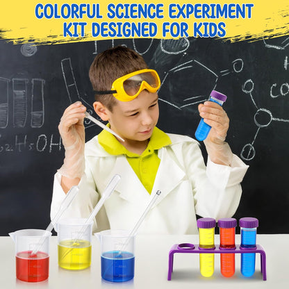 Colorful Science Experiment Kit for Kids, 120 Color Fizzers(Red, Yellow & Blue), Lab Science Test Tubes and Holder, Beakers, Droppers for STEM Activities Educational Gifts