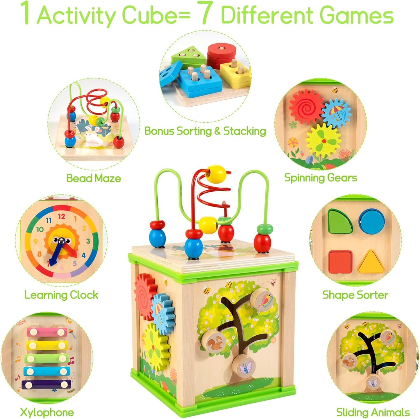 WOODMAM Wooden 7-in-1 Activity Cube| Montessori Toys for 1 Year Old Toddlers| Baby Educational Developmental Toys |One Year Old Boys Girls First Birthday Gifts |Bonus Sorting & Stacking Board