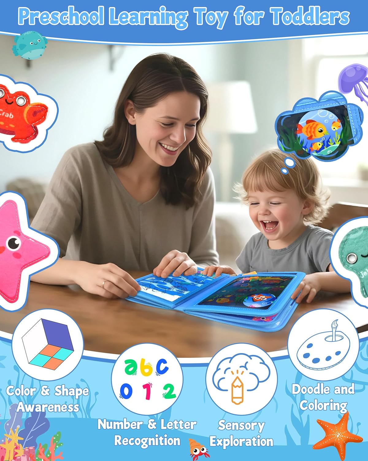 Ocean Busy Book for Toddlers 1-3, Montessori Quiet Book with Sea Animals, Fine Motor Skills Activities, Educational Travel Toy for 1 2 3 Year Old Boys Girls, Soft Felt Learning Toy for Travel