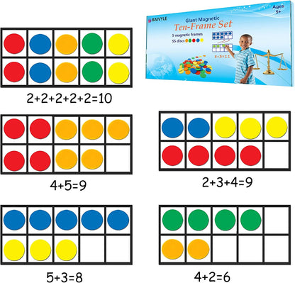 BAIVYLE Foam Magnetic Ten Frame Set for Toddlers - 5 Ten Frames with 55 Magnetic Counters | Math Manipulative for Addition, Subtraction & Number Sense | Classroom & Homeschool Supplies