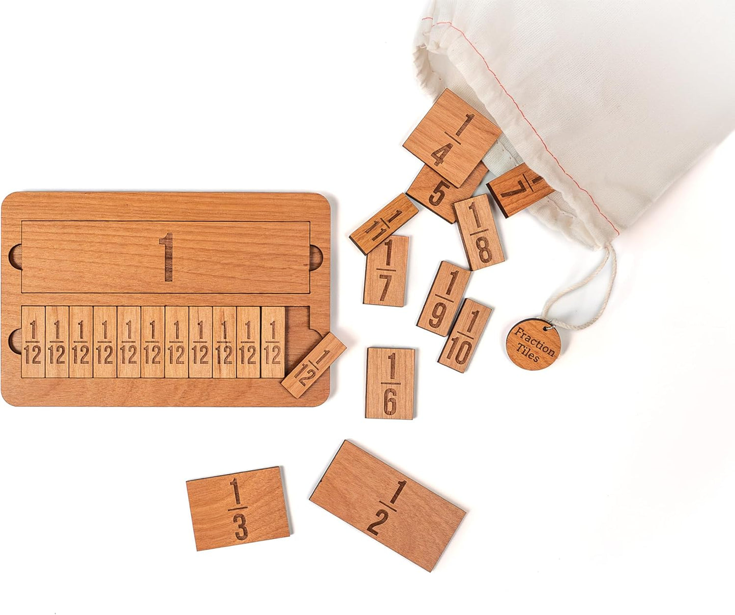 Fraction Bar Tiles and Holder - Laser Engraved Wood with 67 Tiles Plus 6 inch Holder
