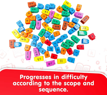 Junior Learning: Rainbow Phonics Blox: Vowel Sounds - Phase 5 - Build & Learn, 30 Activity Cards, Color Coded Blocks, Reading Development, Kids 5+