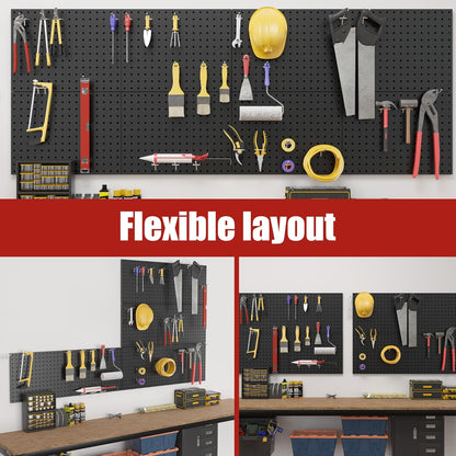 4 Pack Metal Pegboard Panels with 50 Hooks, Black Pegboard Wall Organizer, Pegboard Accessories, Heavy Duty Garage Tool Storage System for Workbench, Workshop, Office, Craft Room