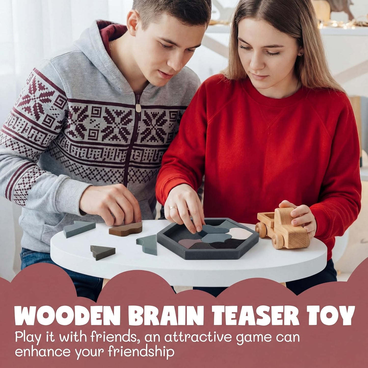 Yunsailing 3 Pack Large Hexagon Tangram Puzzle Wooden Brain Puzzles for Adult Challenge Wood Russian Blocks Brain Teasers Geometric Jigsaw Block Logic Iq Stem Family Graduation Gifts(Vintage)