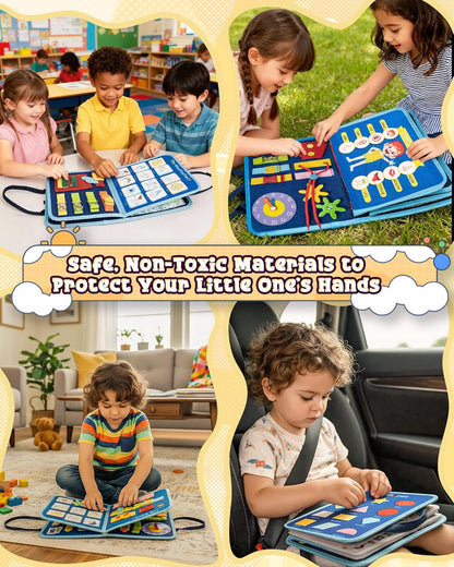 Montessori Busy Book for Toddlers, 8-Page Sensory Activity Book for Fine Motor Skills & Basic Dress Learning, Portable Travel Toy for Preschool Kids, Birthday Gift for Boys and Girls (Blue)