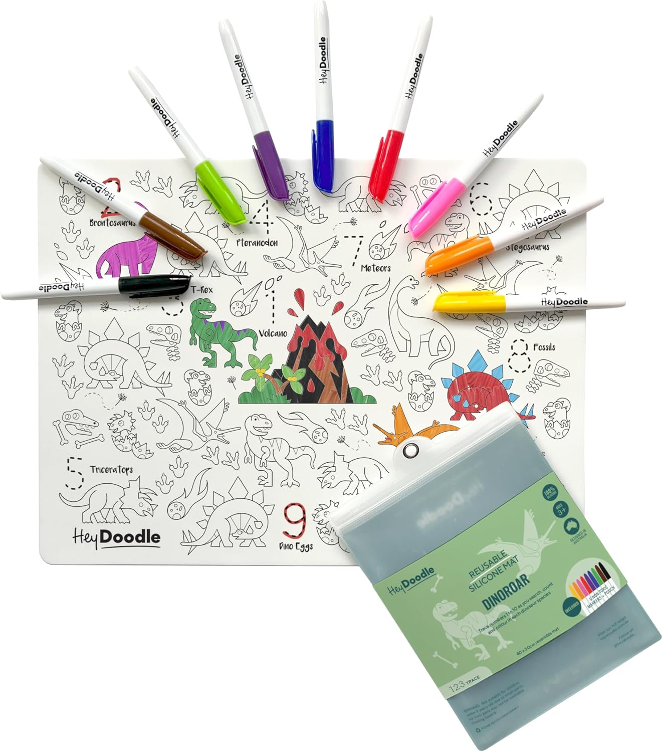 HeyDoodle Into The Wild Classic Doodle Mat – Reusable Silicone Alphabet Coloring Mat for Toddlers and Kids – Educational Animal Activity Pad with 9 Markers – Mess-Free Travel Toy – Ages 3-7