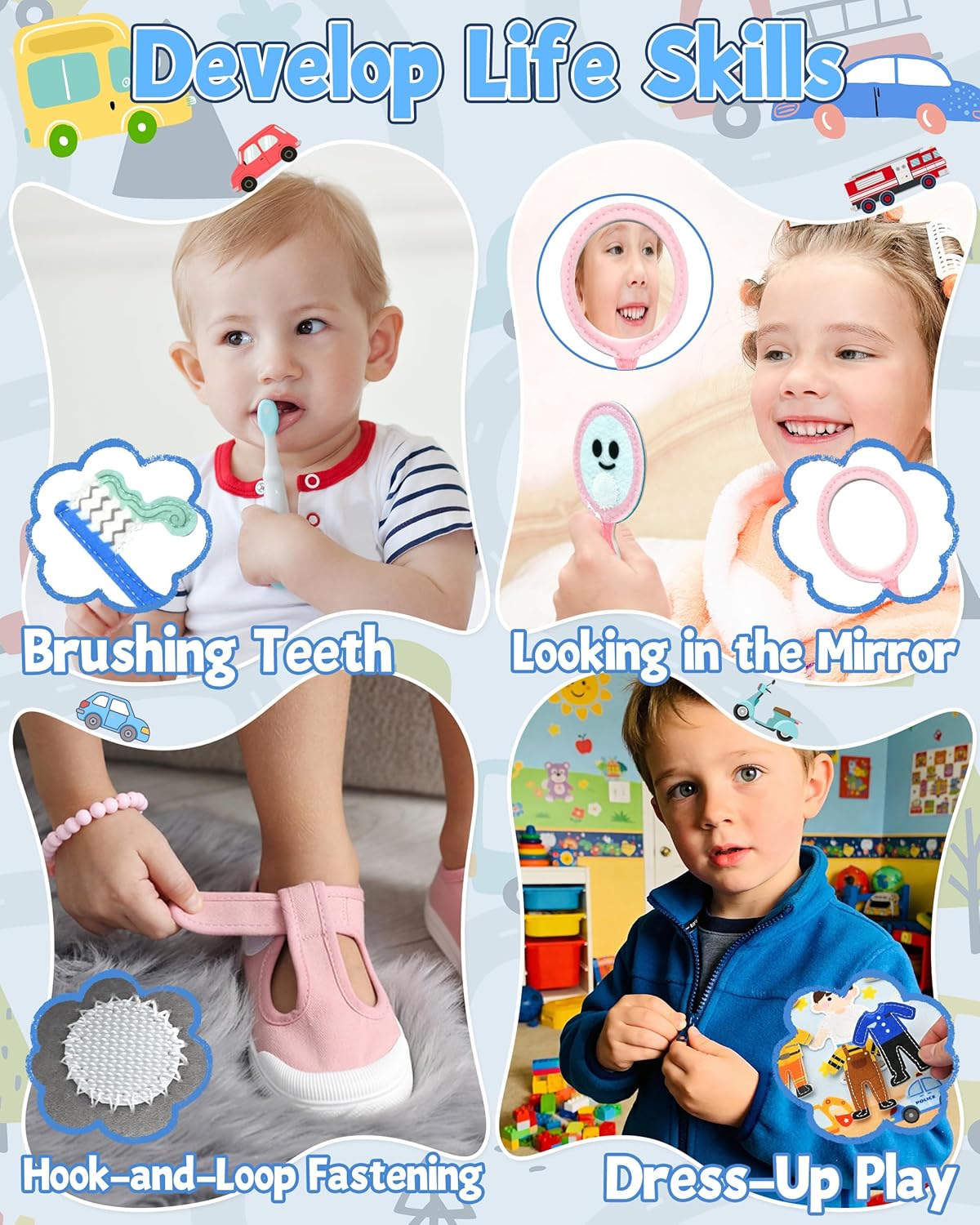 Meafeng Vehicles Educational Book for Toddlers 1–3, Montessori Quiet Activity & Learning Book with Cars, Trucks & Firefighters, Educational Toy for Early Learning, Travel Toy for Car & Airplane Trips