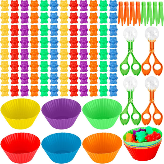 120 Pcs Counting Sorting Bears Sensory Bin Tools Fine Motor Skills Includes 96 Cute Rainbow Sorting Bears 8 Tweezers 4 Scissors Clips and 12 Colorful Cups for Kid Early Skill Education
