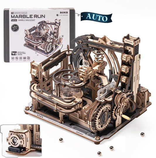 ROKR 3D Puzzles for Adults, Electric Model Kits Marble Spaceport LGC01, 472pcs Marble Run Brain Teaser Wooden Puzzles Building Toy, Desk Decor Creative Birthday Gifts for Men/Women 14+