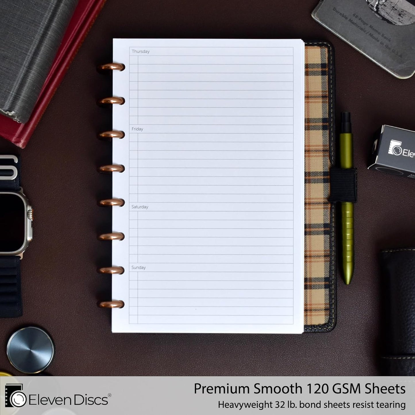 Eleven Discs Discbound Paper, Junior Size Mileage Log Sheets - Premium 120gsm Heavyweight Notebook & Planner Refills - 8 Discs, 5.5 x 8.5 in - Punched for Circa, Arc, TUL (50 Sheets)