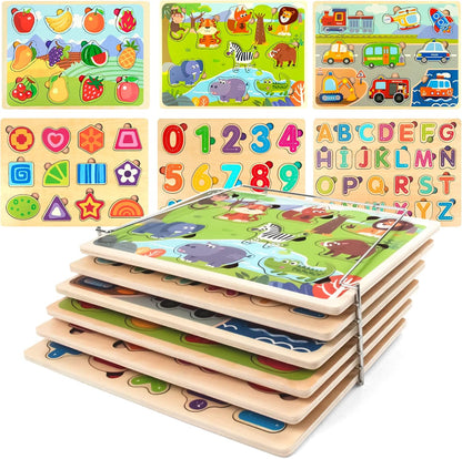 WOOD CITY Toddler Puzzles and Rack Set, Wooden Peg Puzzles Bundle with Storage Holder Rack, Educational Knob Puzzle for Kids Age 2 3 4 Years - Alphabet Number Shape Dinosaur Animal Vehicle