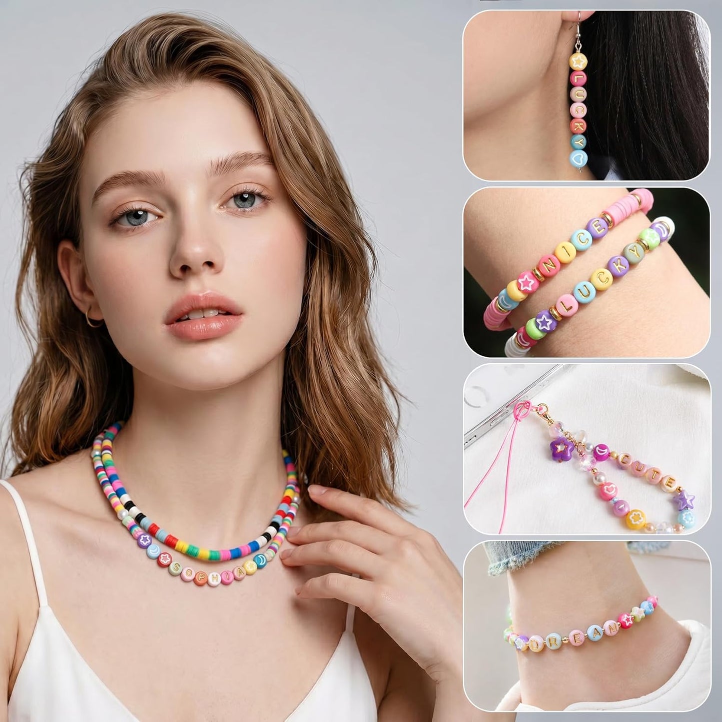 SUTOUG 1000PCS Colourful Letter Beads for Threading, 4 x 7 MM Acrylic Round Alphabet Beads for Jewellery DIY Making Crafts Bracelets Necklaces Ornaments