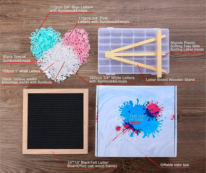 Felt Letter Board Message Board 10x10inch with Stand,Pre-cut&Sorted 805pcs White,Blue&Pink Changeable Letters+Weeks &Months Cursive Words,Word board Sign board with Sorting Tray&Gift Box(Gray)