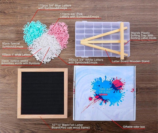 Felt Letter Board Message Board 10x10inch with Stand,Pre-cut&Sorted 805pcs White,Blue&Pink Changeable Letters+Weeks &Months Cursive Words,Word board Sign board with Sorting Tray&Gift Box(Gray)