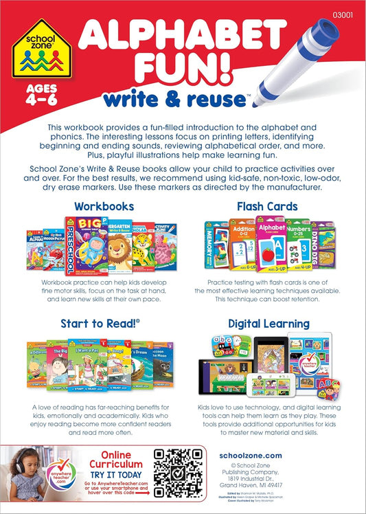 School Zone Alphabet Fun! Write & Reuse Workbook: 26 Wipe-Clean Pages, Preschool, Kindergarten, Write-On Learning, Write and Wipe, Alphabetical Order, Phonics, Printing & Tracing Letters, Ages 4-6