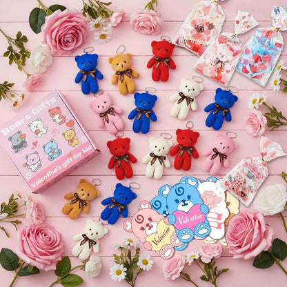 24 Pcs Valentine's Day Gift Mini Plush Bear Toys with Bear-Shaped Cards, 4.7 Inch Stuffed Animal Dolls for Keychain DIY, Kids Classroom Birthday Party Favors Classroom Exchange Prize Supplies
