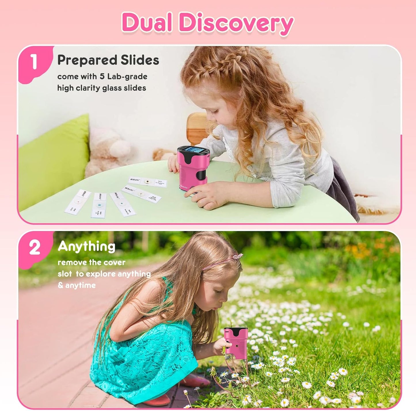 1000X Handheld Microscope for Kids 4K 2.0" Screen Rechargeable Mini Pocket Digital Microscopes w/Slides Kit Portable Edu Gift Age 4-6 8-12 Children Students (White)