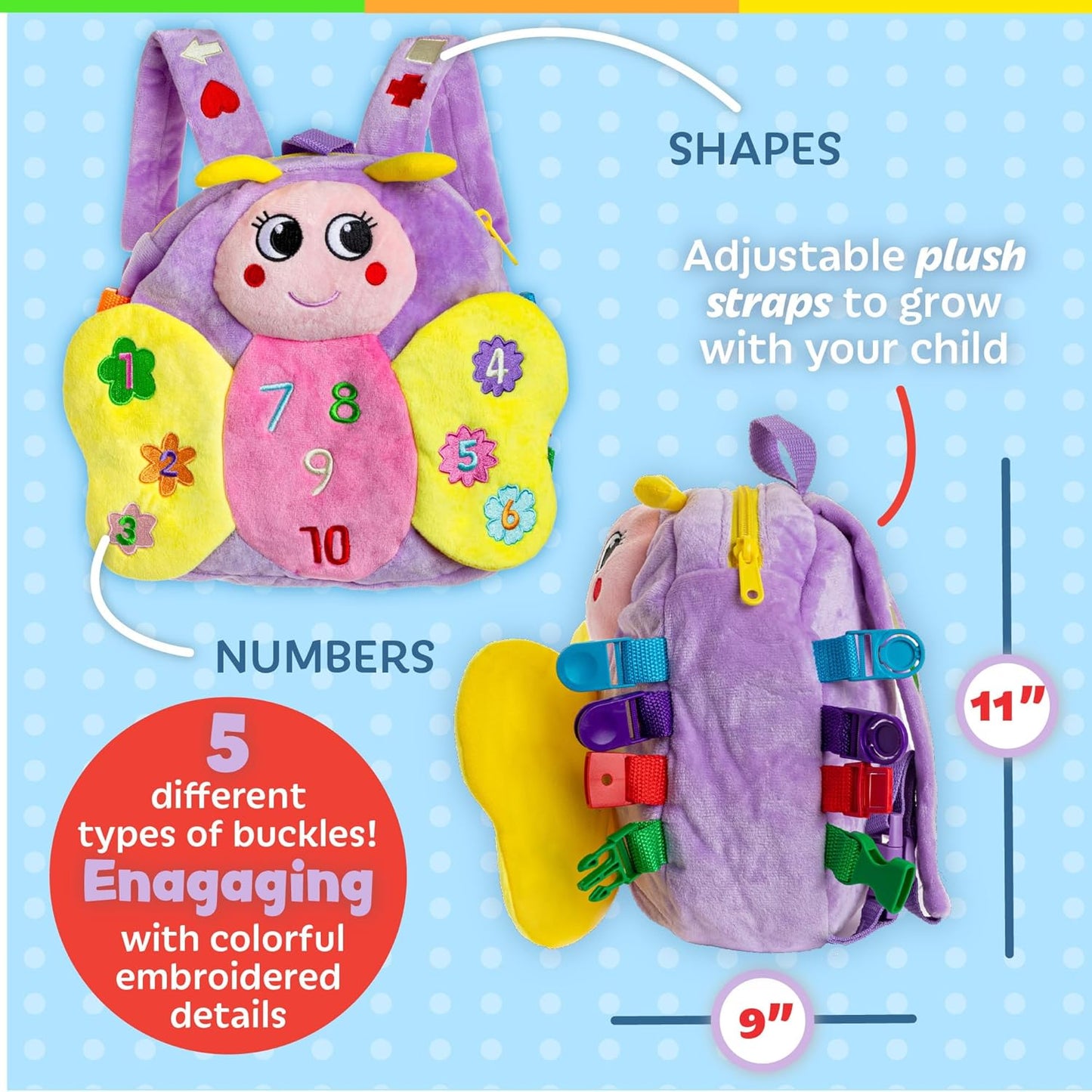 Buckle Toys - Blossom Butterfly Activity Backpack - Educational Learning Toy - Must Have for Long Car Trips - Zippered Pouch for Storage - Great Gift for Toddlers, Girls and Kids