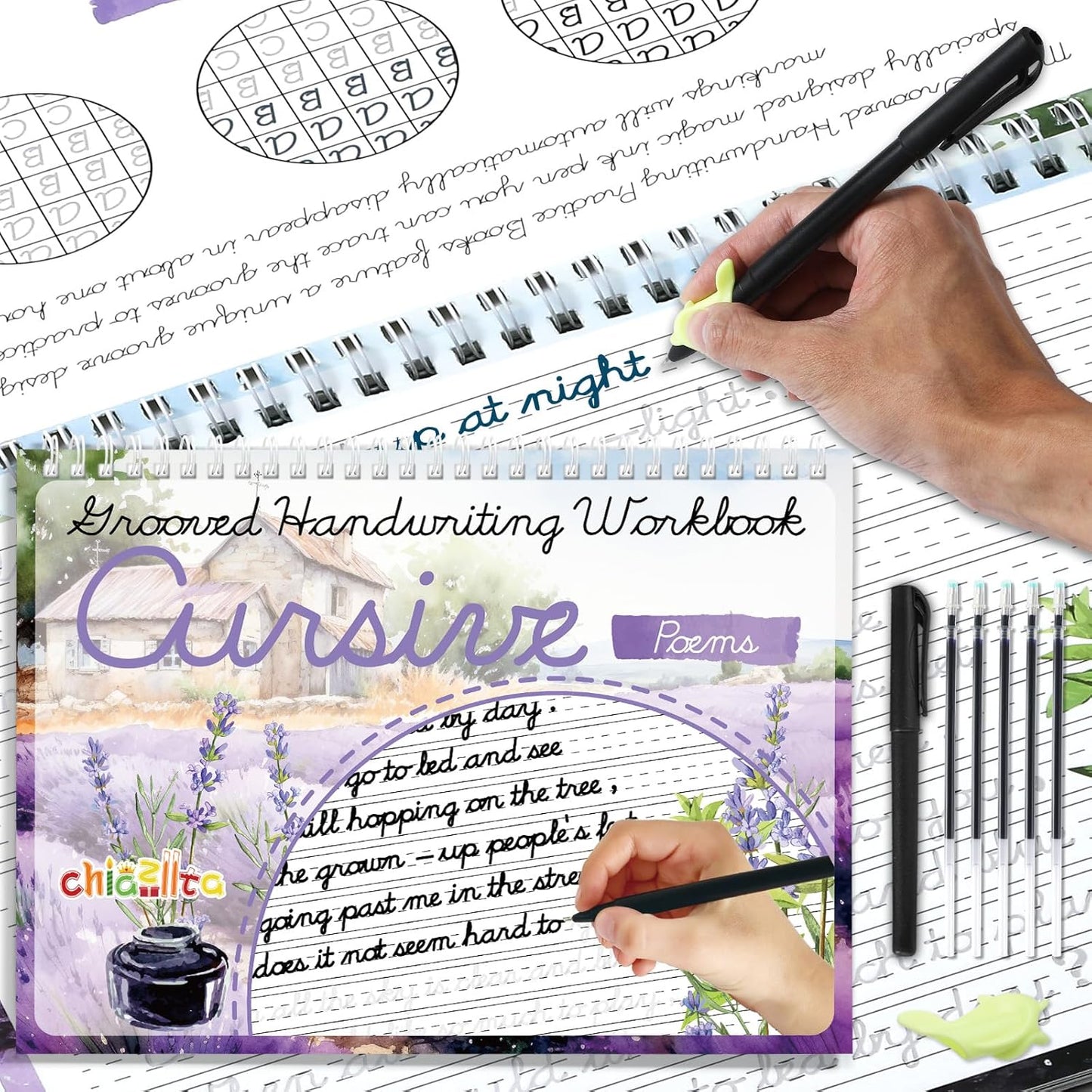 chiazllta Grooved Cursive Handwriting Workbook with Disappearing Ink Pens Magic Reusable Grooved Cursive Writing Practice for Beginners Kids Kickoff Student Workbook Homeschooling Supplies (Letters)