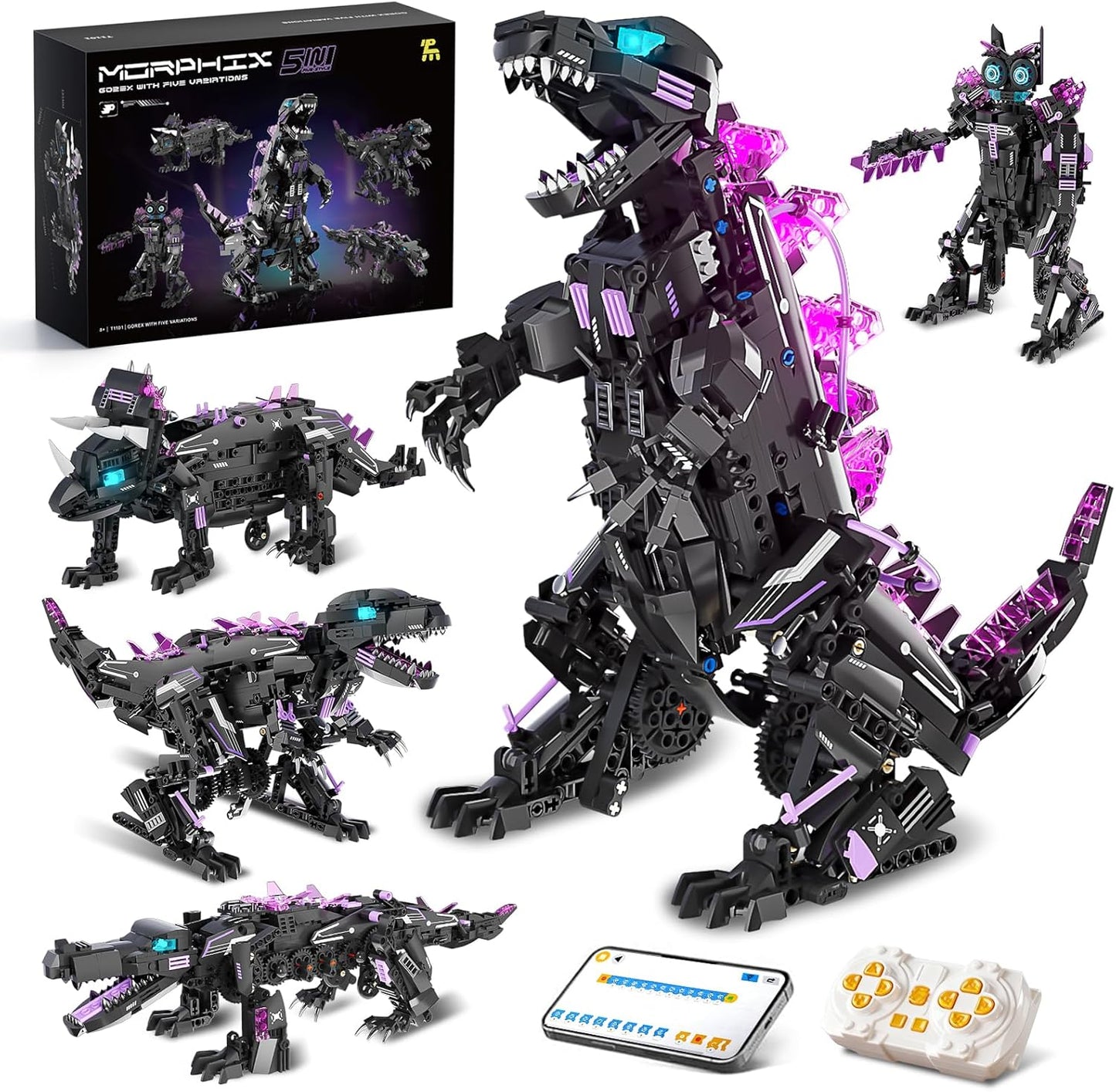 DOLIVE STEM 5 in1 Dinosaurs Building Kits for Kids Ages 8-14, Remote Control and App Controlled Dinosaur Figures Toy, Birthday Gift for 8 9 10 11 12+ Years Old