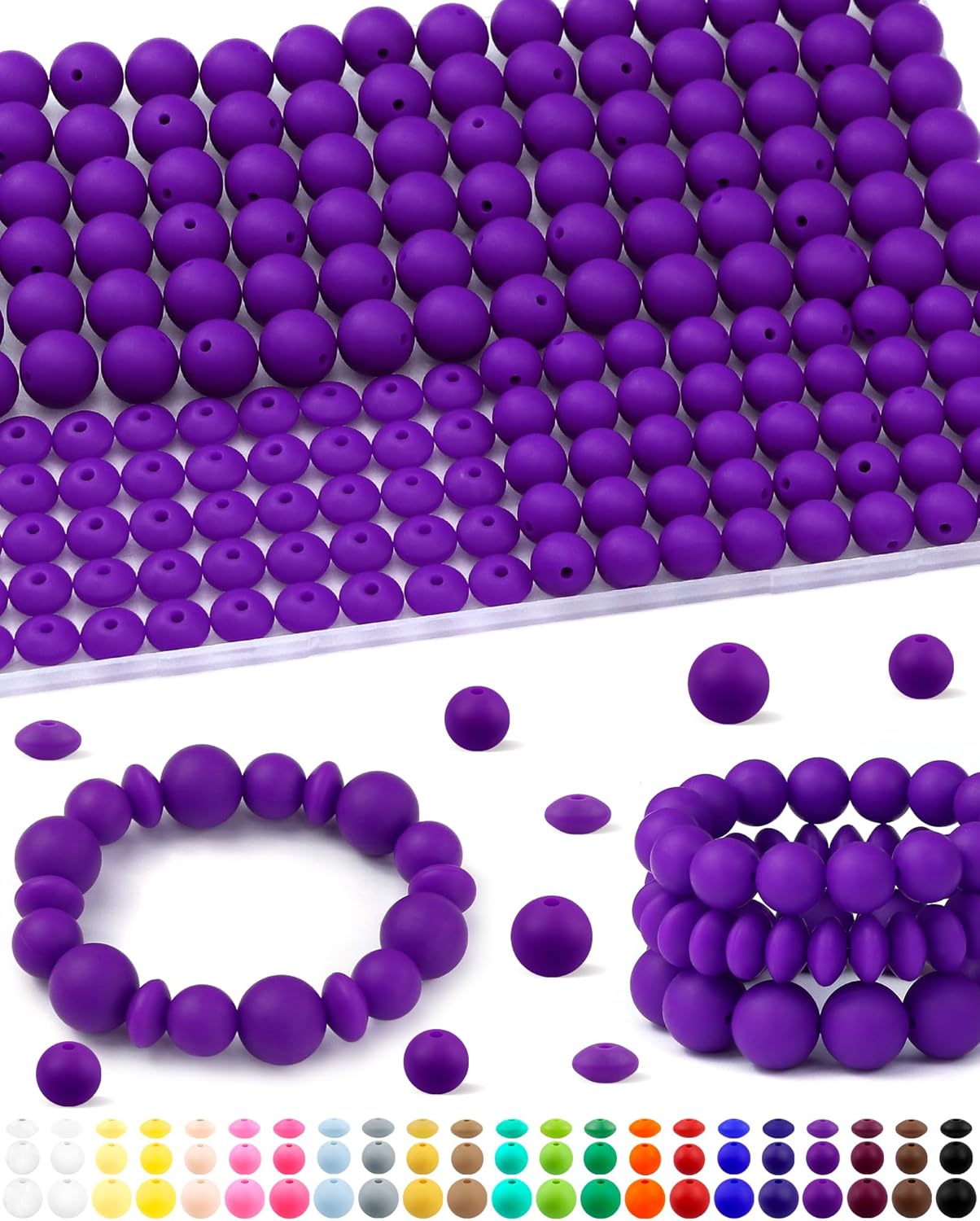 200Pcs FIVEIZERO Mixed Silicone Beads for Keychain Making, 12mm 15mm Round and 12mm Lentil Silicone Beads for Pens Bracelet Necklace DIY Crafts(Black)