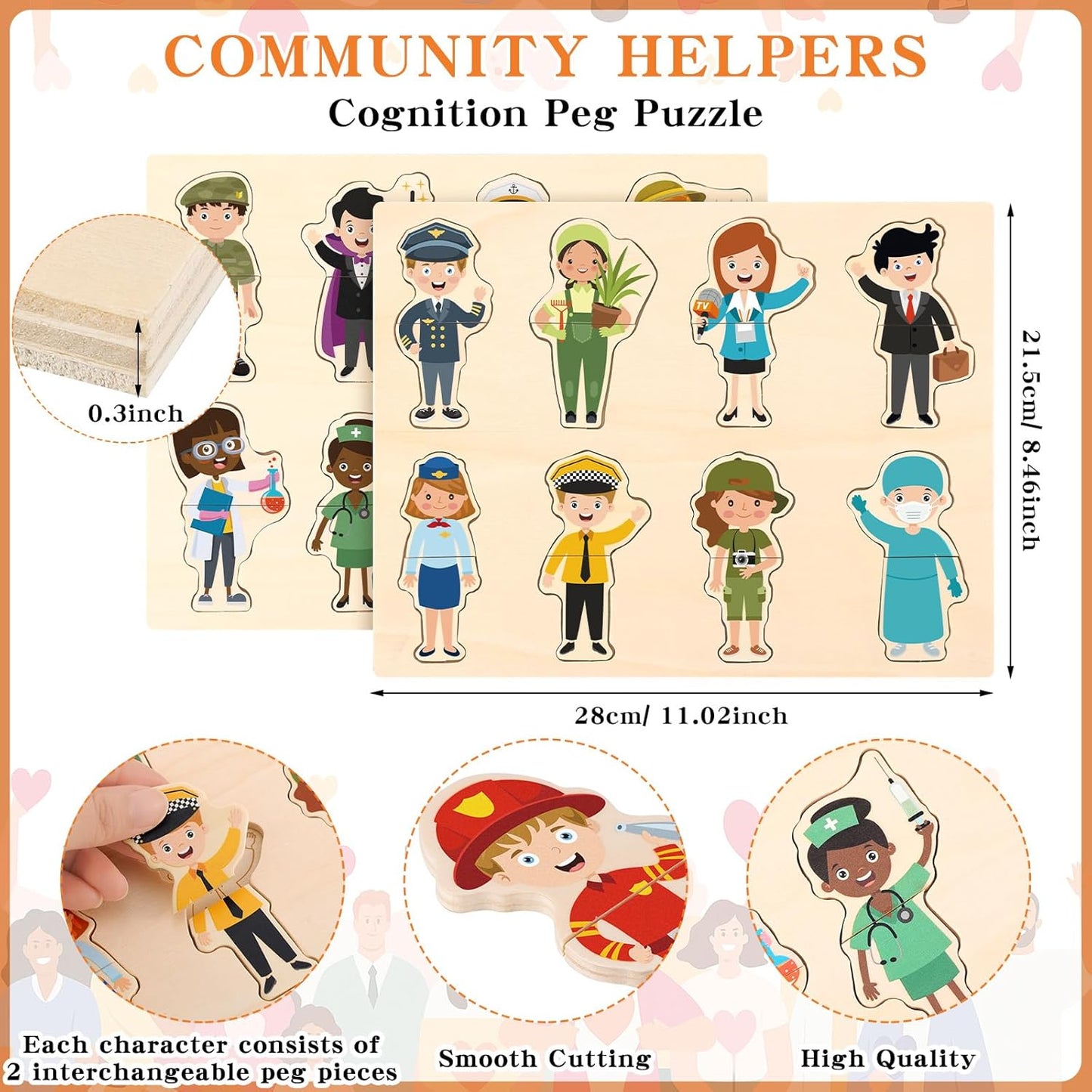 2 Set Wooden Puzzle for Toddlers Community Helpers Cognition Peg Puzzle Wood Blocks Multicultural Occupational Career Character Interchangeable Educational Toys Preschool Learning for Kids Children