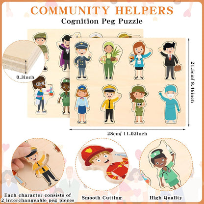 2 Set Wooden Puzzle for Toddlers Community Helpers Cognition Peg Puzzle Wood Blocks Multicultural Occupational Career Character Interchangeable Educational Toys Preschool Learning for Kids Children