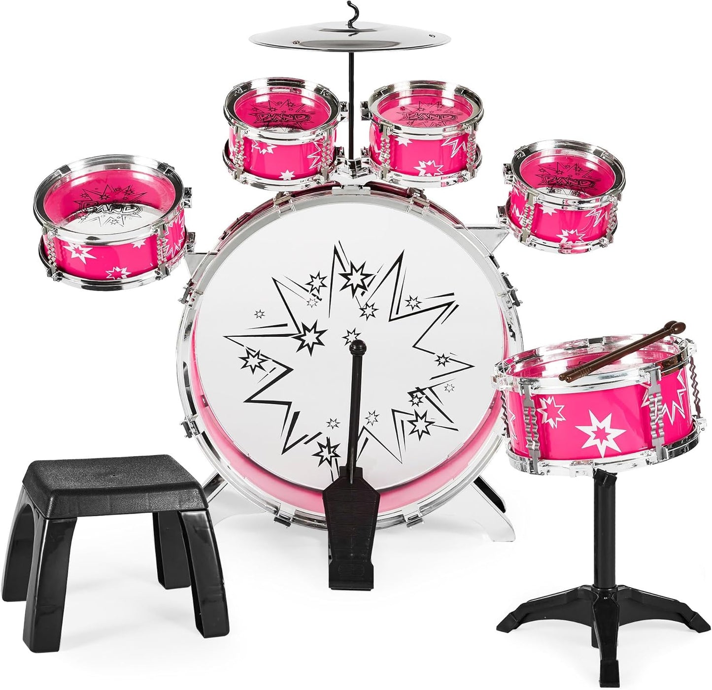Best Choice Products 11-Piece Kids Beginner Drum Kit, Musical Instrument Toy Drum Set for Music Practice w/Bass, Toms, Snare, Cymbal, Stool, Stand Drumsticks - Black