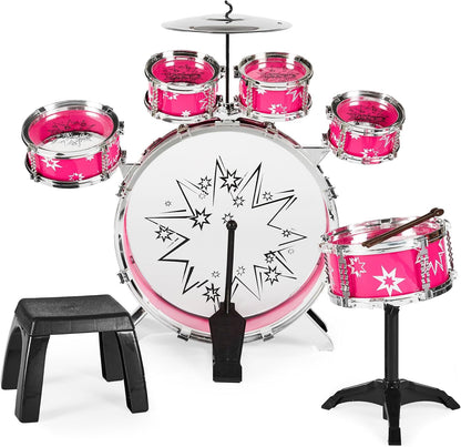 Best Choice Products 11-Piece Kids Beginner Drum Kit, Musical Instrument Toy Drum Set for Music Practice w/Bass, Toms, Snare, Cymbal, Stool, Stand Drumsticks - Black