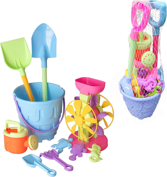 VOS Sand Toy Set - Pack of 10 | Beach Toys for Adults - Includes Water Wheel, Beach Tool Kit Bucket, Watering Can, 3 - Shape Molds