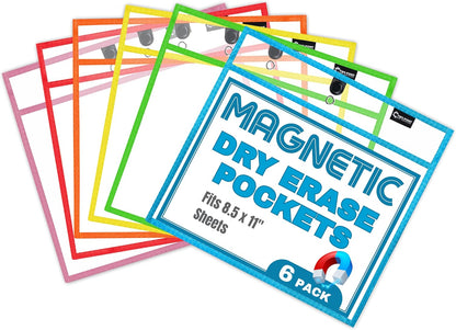 Magnetic Dry Erase Pockets by Two Point (6-Pack) - Landscape - Black Dry Erase Pocket Sleeves, Job Shop Ticket Holders, Clear Paper Sleeves Protectors, Magnetic Pouch
