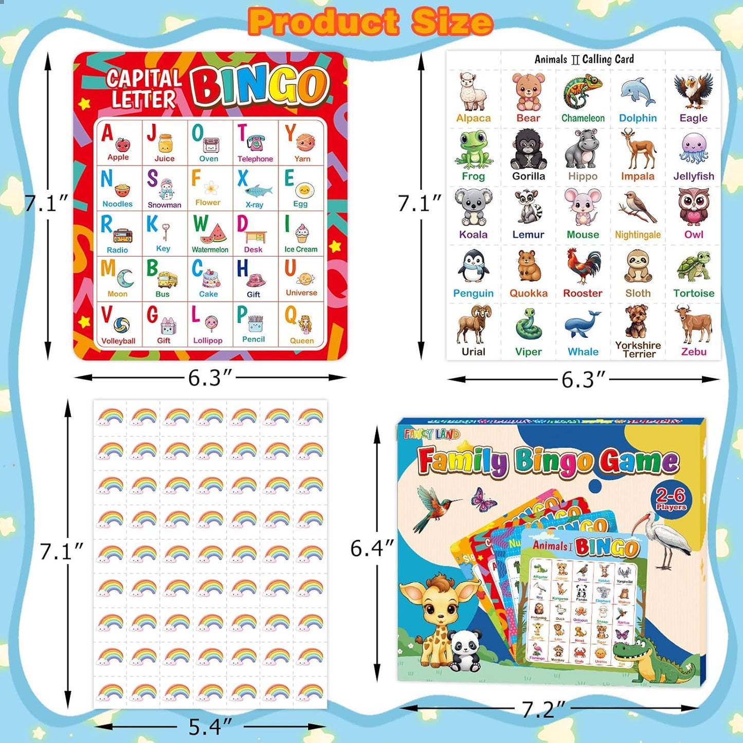 Fancy Land Alphabet Bingo Game Kids Sight Word Bingo Set Number Letter Animal Board Game for Kindergarten Preschool Counting and Matching Skills Development Family Night Classic Educational Supplies