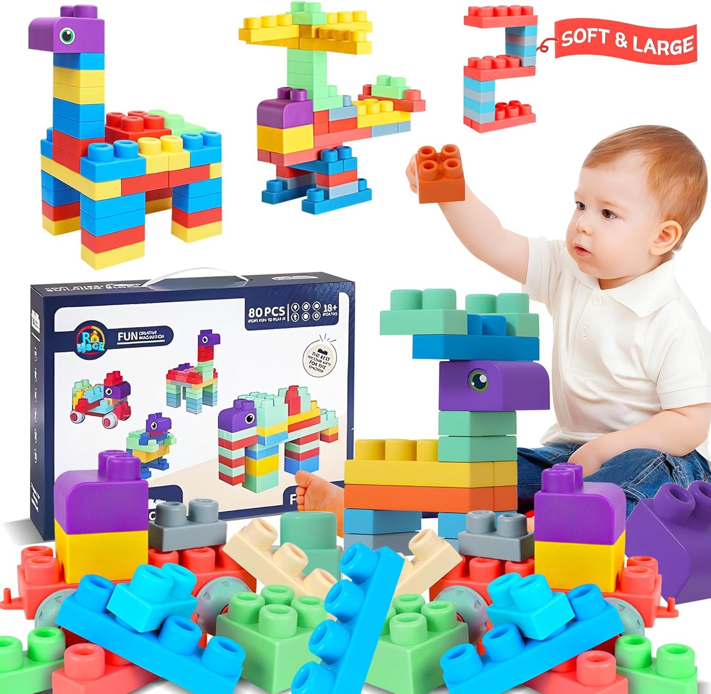 Soft Building Blocks for Toddlers, Large Building Blocks Stacking Blocks for Babies 6 Months and Up Stem Toddler Gifts, Teething Toys, 40 PCS