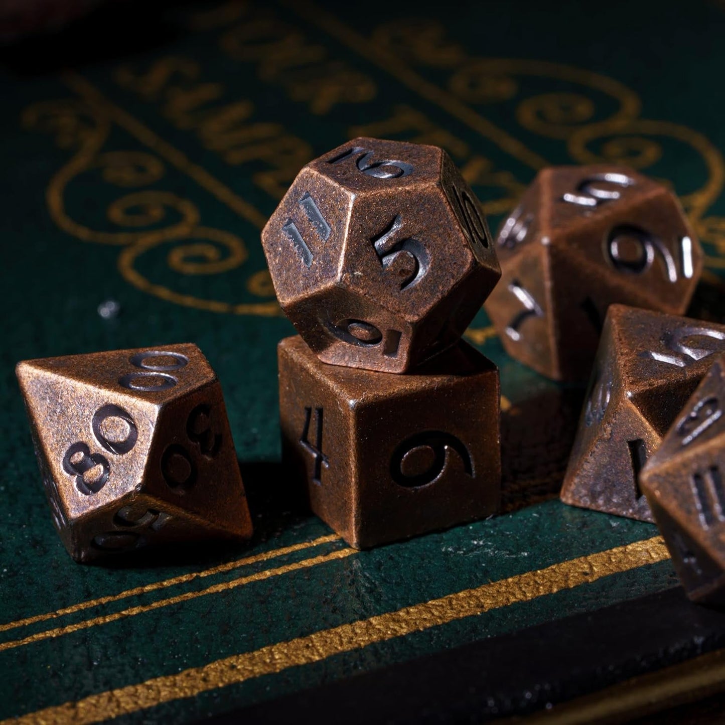 UDIXI Steampunk Metal Dice Set, 7 Die Polyhedral DND Dice Set for D&D Role Playing Game and Math Teaching (Ancient Copper)