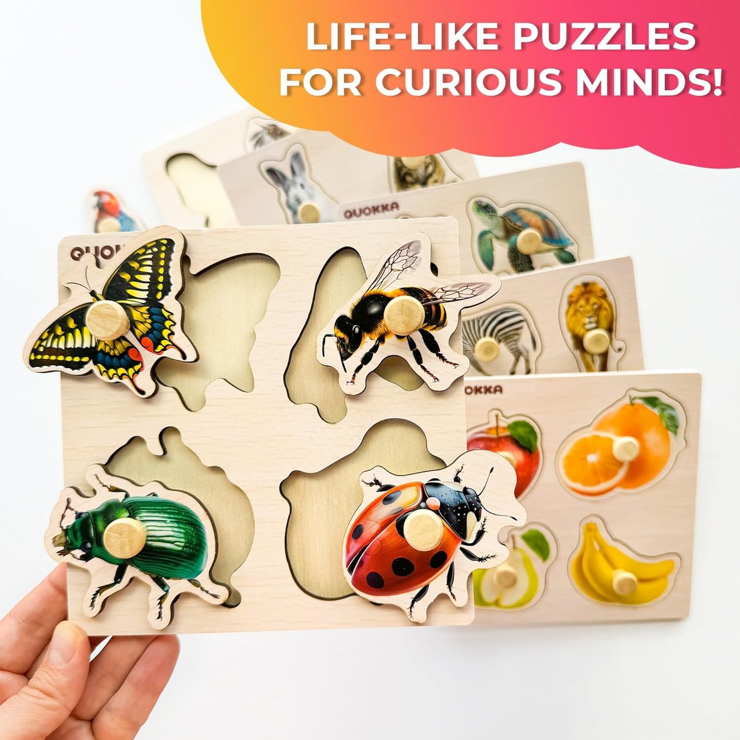 QUOKKA Wooden Puzzles for Toddlers 1-3 - 6XSET Toddler Puzzles Ages 2-4 with Rack - Learning Alphabet - Numbers - Animals Montessori Toy for Kids 3-5 - Wood Games Gift for Boys and Girls
