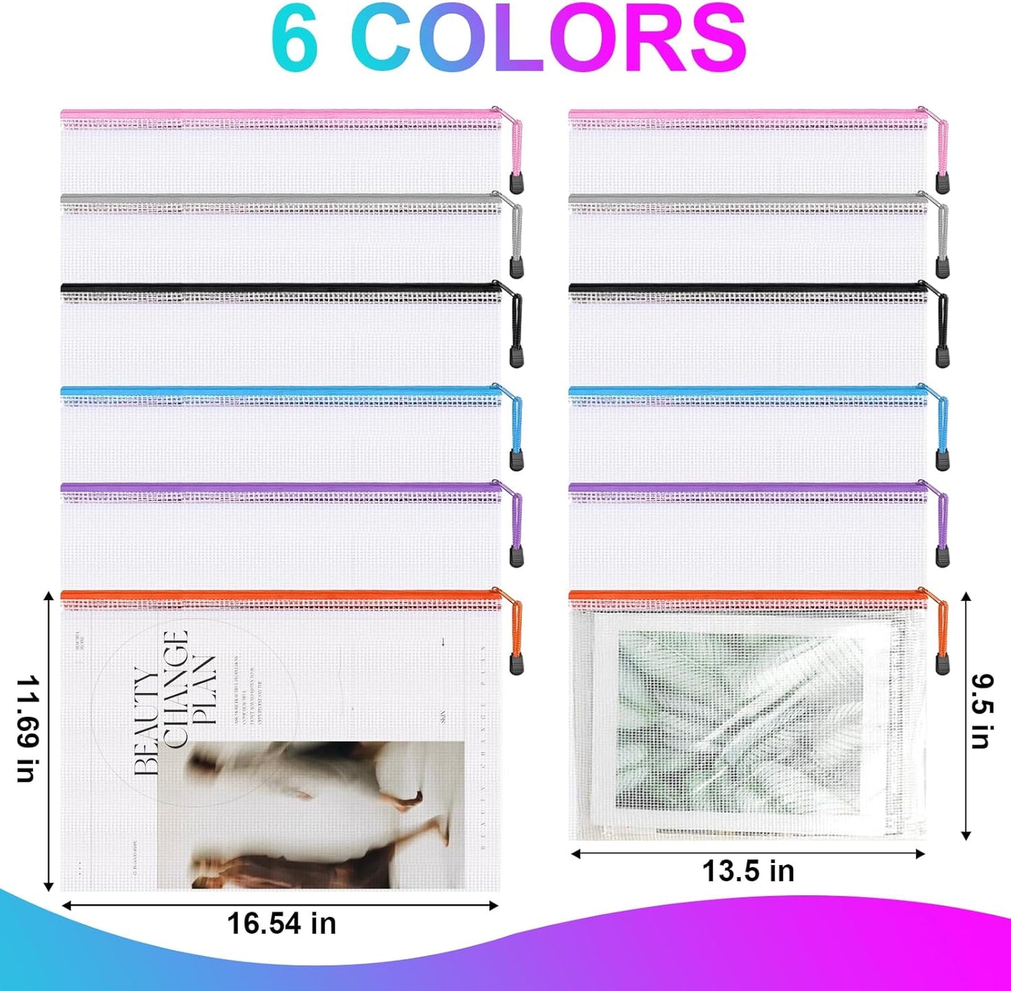 Krvyrn Mesh Zipper Pouches, 12 Pack A3 Waterproof Zipper Pouches for Board Game Storage, Puzzle Storage, Office and School Supplies, Home, Travel Organizer