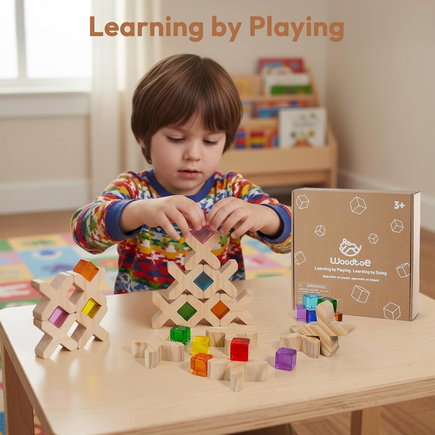 Woodtoe Wooden Building Blocks Set for Kids, 36 PCS Rainbow Acrylic Gem Blocks - 3 Wood House, Montessori Stacking Toy for Toddlers, Educational STEM Birthday Creative Toy Gift for Boys Girls 3-6