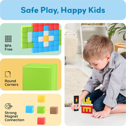 PicassoTiles 60pc Magnetic Puzzle Cube Building Set 1 Inch 3D Blocks STEM Construction Toy for Toddlers Kids Boys Girls Age 3+ Montessori Learning Travel Sensory Gift with Educational Idea Book PMC60