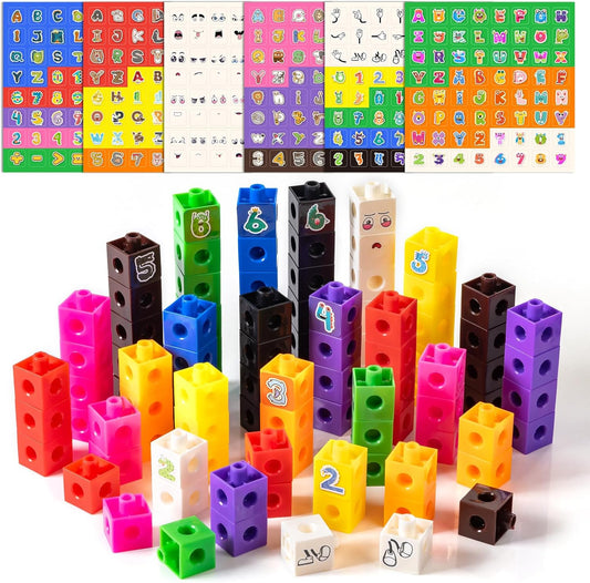 100 Pcs Math Linking Cubes with 384 Cartoon Stickers - 100 Pcs Translucent Bear Counters, Counting Animal Matching Games, Color Sorting Toys, Translucent Toys for Light Table, Includes 11 A