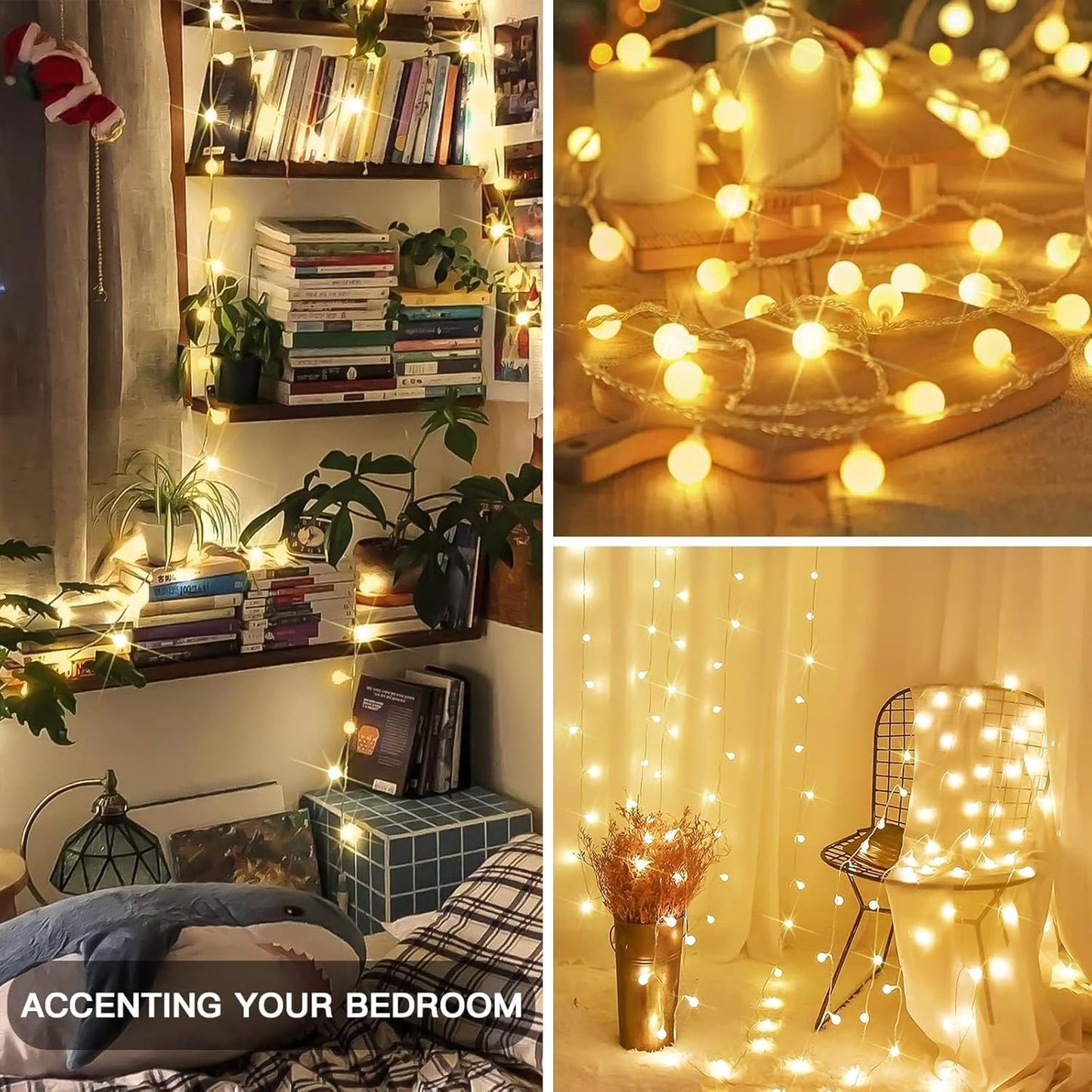 suddus String Lights for Bedroom, 66ft 200 Led Connectable Globe String Lights Indoor, Hanging Fairy Lights Plug in with Remote for Kids Room Dorm Classroom Outdoor Christmas Tree Decor, Warm White
