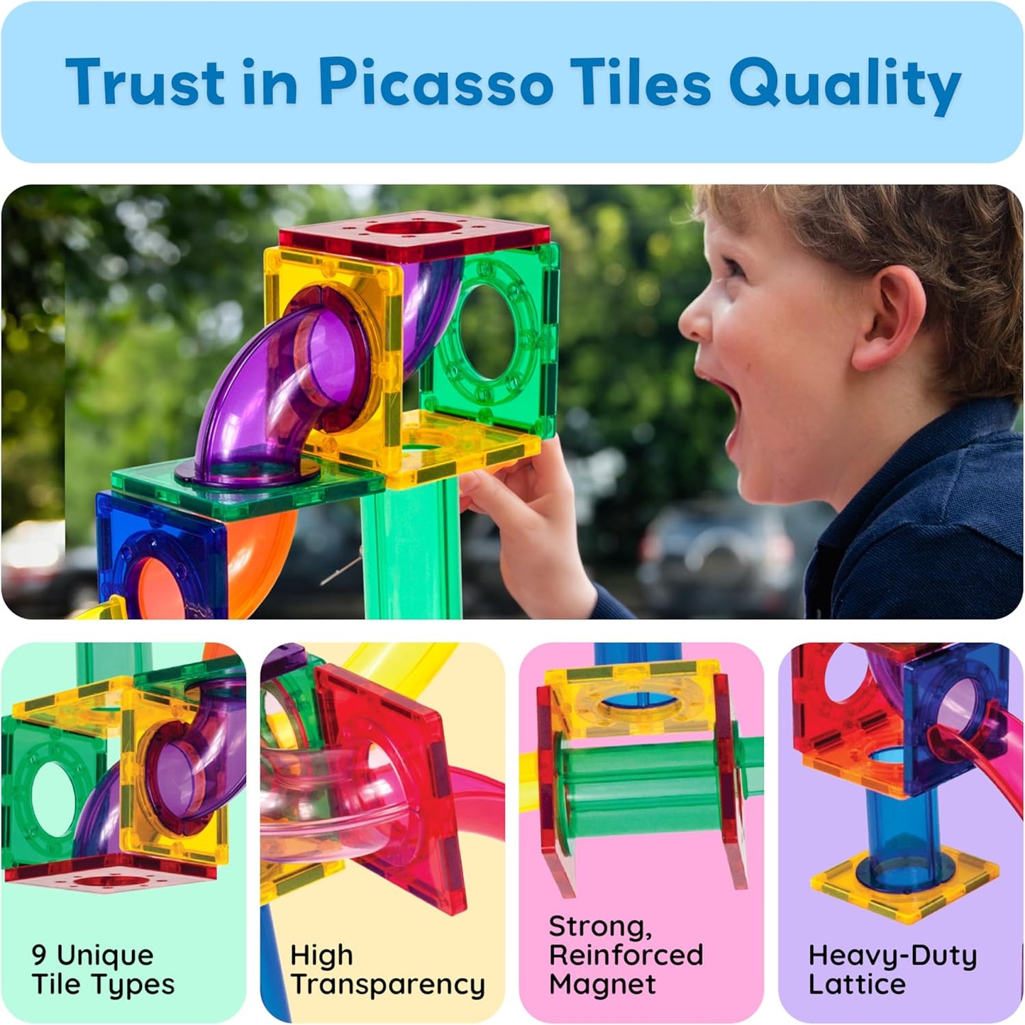 PicassoTiles 50pcs Magnetic Tiles Marble Run for Kids Race Track Toy Marble Maze Sensory Toys for Toddlers STEM Educational Set Magnet Building Blocks Construction Building Tiles Boys Girls 3+ PTG50