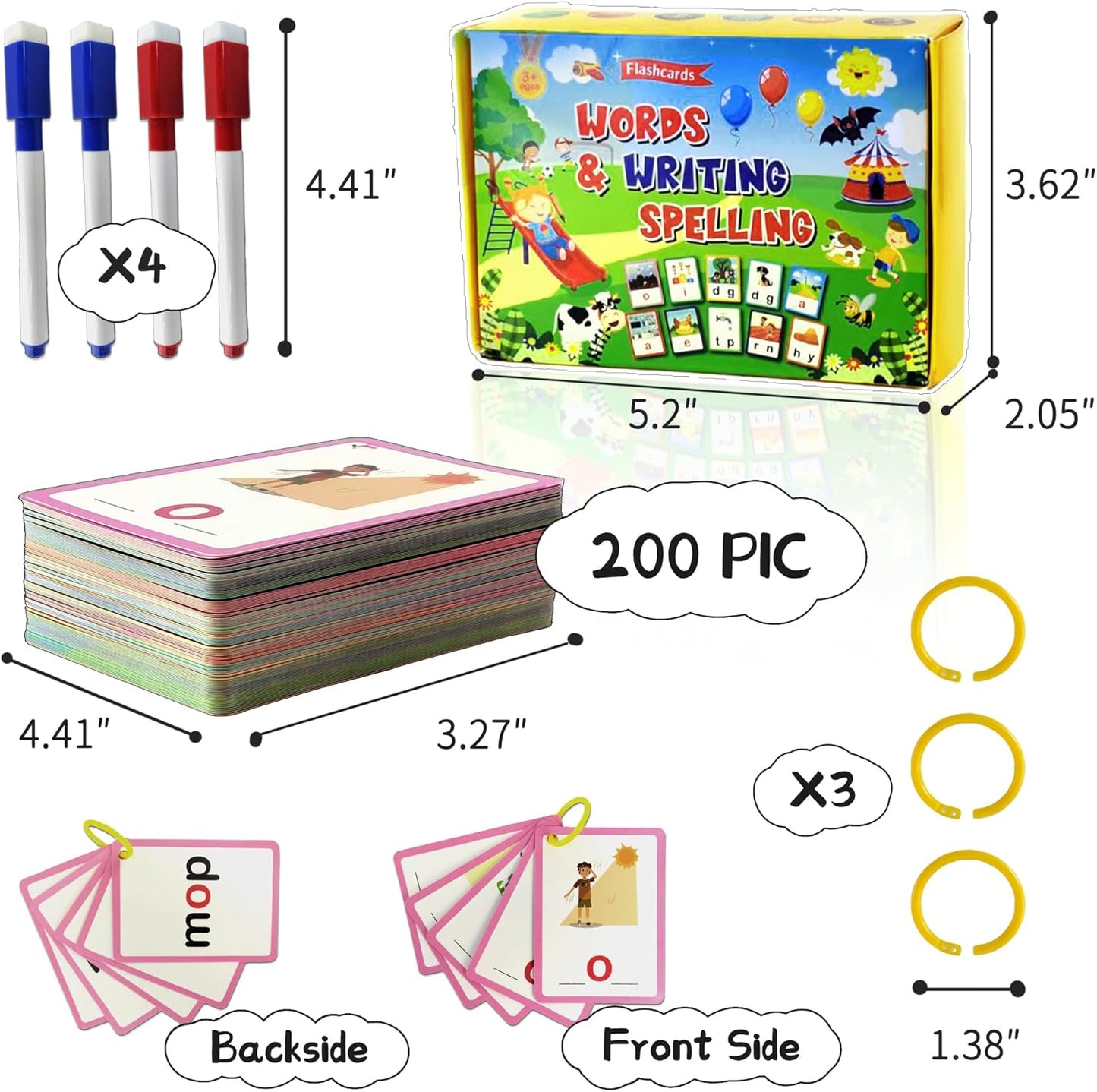 CVC Word Games, Phonics Flash Cards for Kids, 100 Pcs Writing & Spelling Card with 4 Dry Eraser Markers & 4 Sorting Rings, Reusable Phonics Flash Cards, Preschool Learning Activities, CVC Word Games