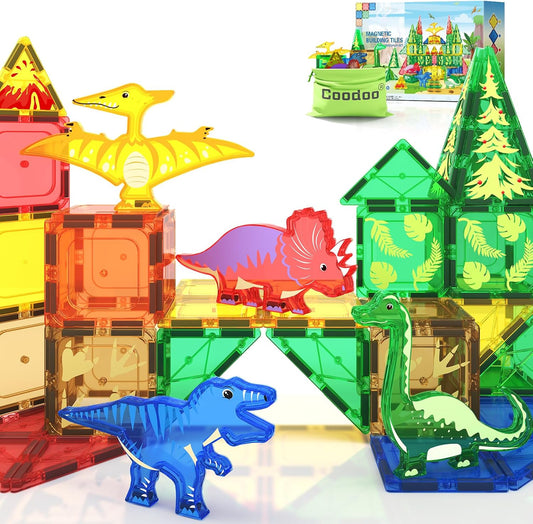 Coodoo Kids Games Magnetic Tiles Road Set with Extendable Magnetic Crane, City Construction Building Toys for Toddlers STEM Preschool Ages 4-6 5-7, Gifts for 3+ Year Old Boys Girls Kids Toys with Car
