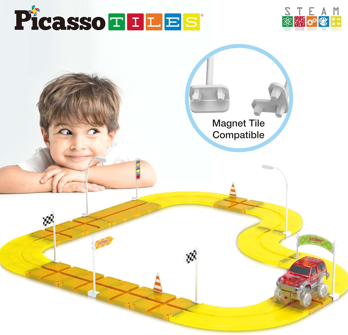 PicassoTiles Magnetic Tiles Race Track Car Thrilling Toy Playset Includes 2 Racing Trucks STEM Educational Magnet Tile Building Block Construction Set for Toddlers Boys Girls Ages 3 and Older PTR30