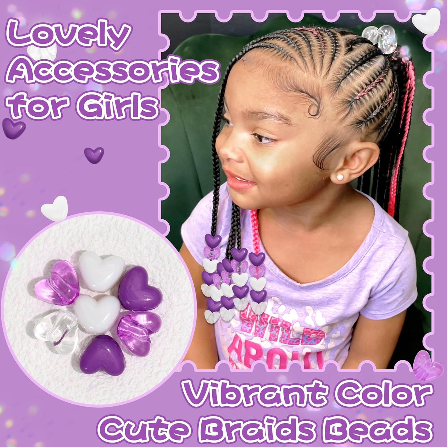 88PCS Pink White Hair Beads for Braids Lovely Heart Shape Loc Dreadlock Valentine's Day Bead Accessories Cute Acrylic Small Pony Beads for Kids Girls