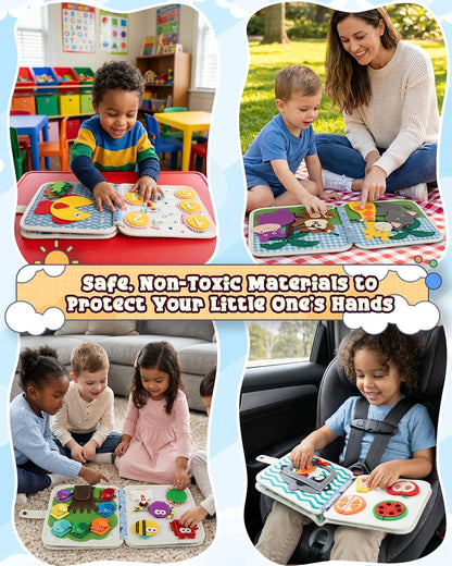 Montessori Busy Book for Toddlers, 8-Page Sensory Activity Book for Fine Motor Skills & Basic Dress Learning, Portable Travel Toy for Preschool Kids, Birthday Gift for Boys and Girls (Blue)