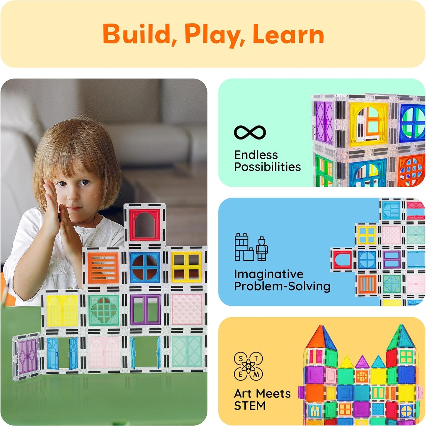 PicassoTiles Window and Door Clip On Magnetic Blocks Magnet Tiles Magnets Building Tile Construction Toy Set STEM Education Toys Learning Kit Stacking Block Playset Boys & Girls Age 3+ PT30