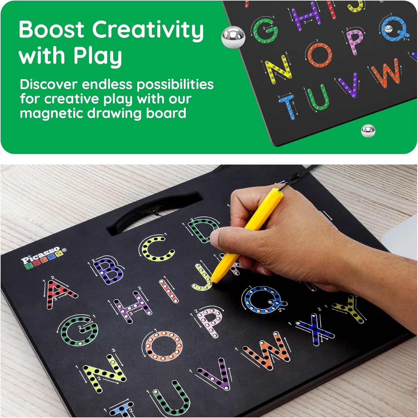 PicassoTiles 2PK 4-in-1 Magnetic Drawing Board 12x10 inch Large Magnet Tablet Pad with 4 Facings Lowercase & Uppercase Alphabets, Numbers, & Freestyle STEM Learning Writing Reading Playboard PTB06